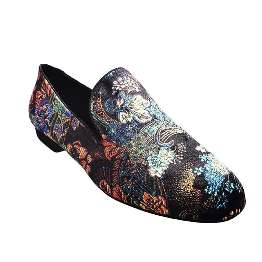 Scarpa mocassino da uomo Serse in velluto lavorato stile fiorato con motivo arazzo veneziano, marca Wish Dance Shop