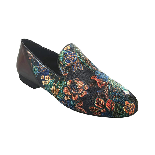 Mocassino da uomo Serse (800B) in velluto nero lavorato e tallone in lurex nero, stile fiorato, di Wish Dance Shop.