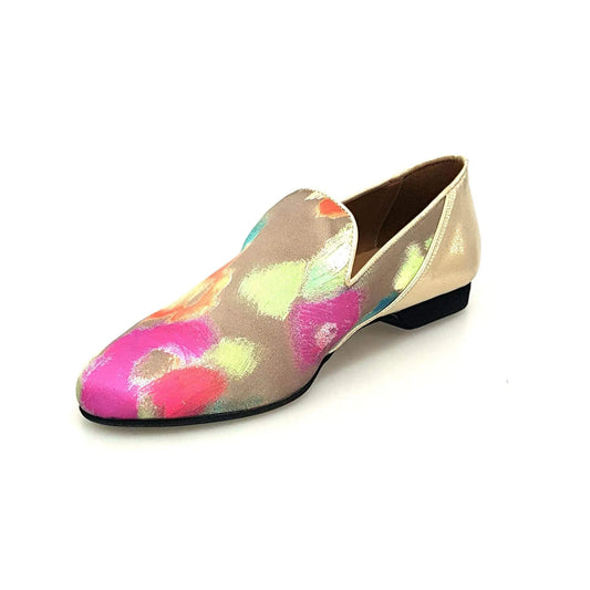 Mocassino uomo in tessuto verde con tallone in lurex oro, scarpa Wish Dance Shop con dettagli eleganti e stile casual.