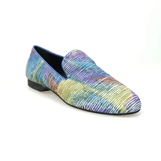 Scarpa mocassino da uomo in tessuto blu con stampa stile Van Gogh, modello Serse (800), marca Wish Dance Shop.