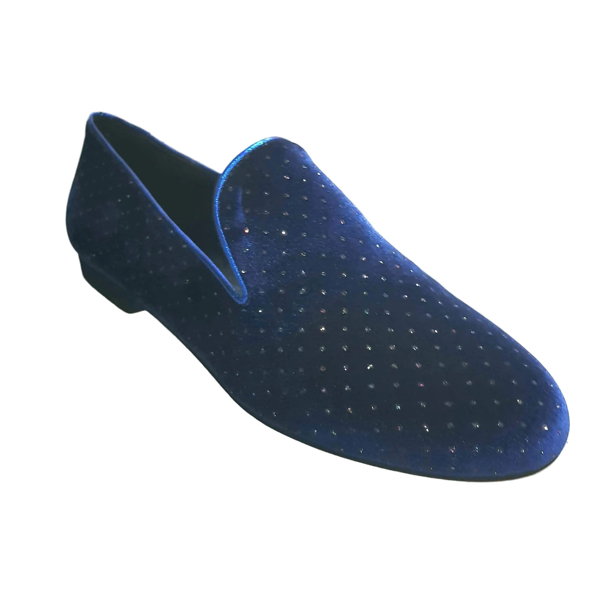 Scarpa mocassino da uomo in velluto blu con effetto luce glitter, prodotto Wish Dance Shop.