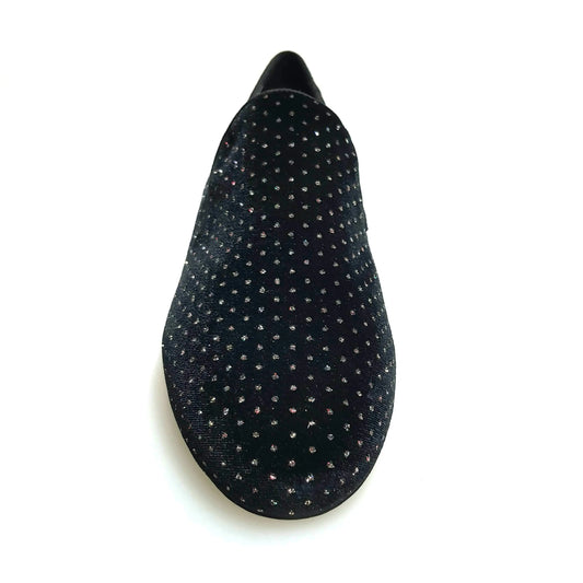 Scarpa mocassino uomo in velluto nero con dettagli lucidi e glitter, modello Serse (800).