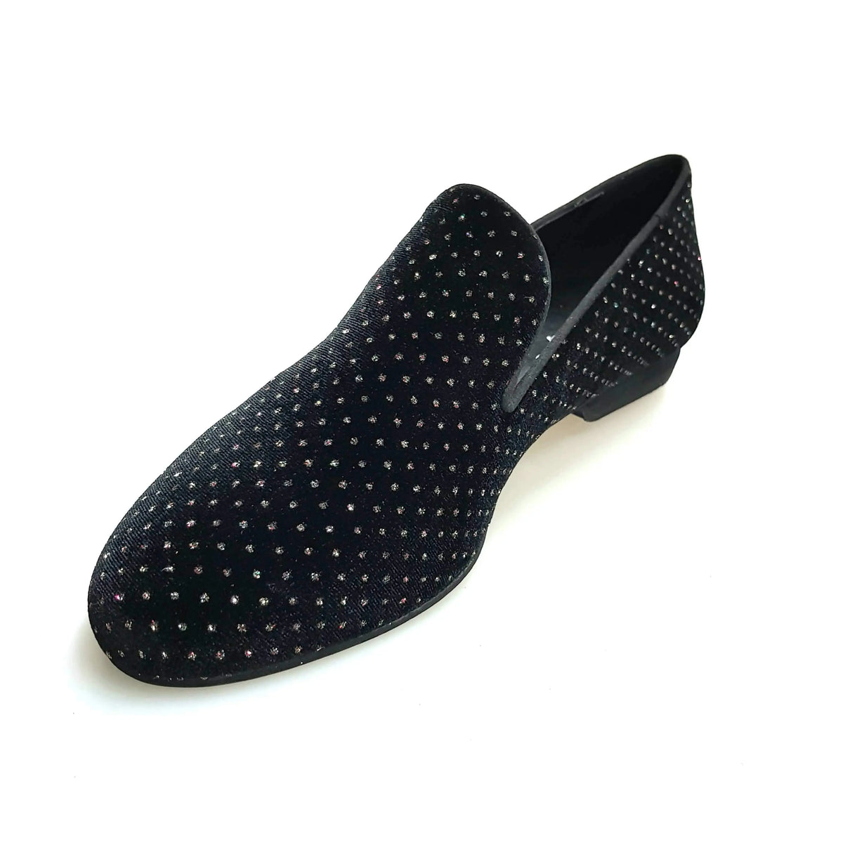 Scarpa mocassino uomo in velluto nero con dettagli glitter e luce, stile elegante e moderno, marca Wish Dance Shop