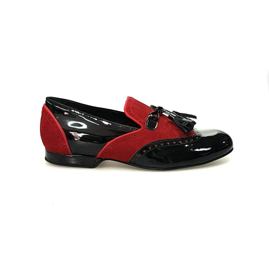 Mocassino da uomo Morgan in vernice nera e camoscio rosso, scarpa elegante in stile classico, suola in gomma.