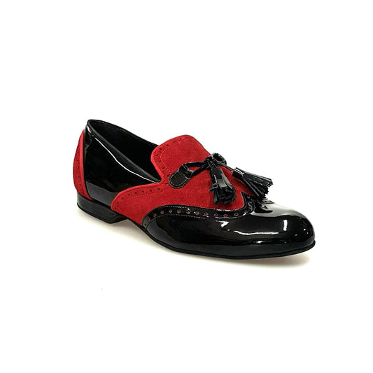 Mocassino da uomo Morgan in vernice nera e camoscio rosso, con suola in gomma e dettagli eleganti, di Wish Dance Shop.