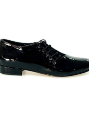Carica immagine nella Galleria, Scarpa da uomo Franco MS19 in vernice nera e camoscio nero, con forma tonda, scarpa stringata elegante.