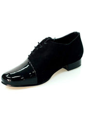 Carica immagine nella Galleria, Scarpa stringata uomo Franco MS19 in vernice nera e camoscio nero, forma tonda, elegante e versatile.