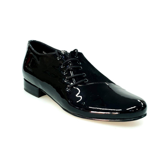 Scarpa da uomo Franco MS19 in vernice nera e camoscio nero, con design stringato e forma tonda, stile elegante e classico