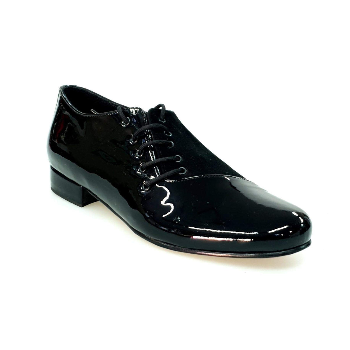 Scarpa da uomo Franco MS19 in vernice nera e camoscio nero, con design stringato e forma tonda, stile elegante e classico