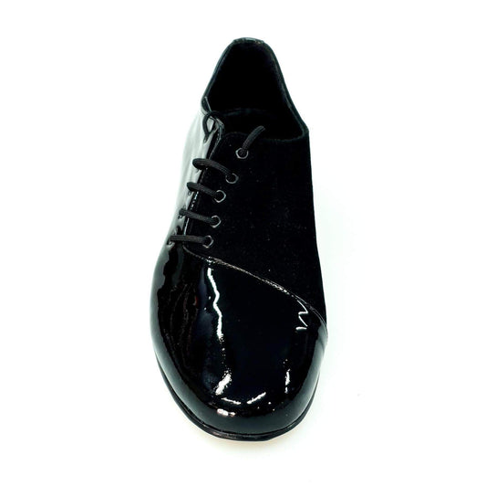 Scarpa da uomo Franco MS19 in vernice nera e camoscio nero, stringata con forma tonda, marca Wish Dance Shop