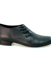 Carica immagine nella Galleria, Scarpa da uomo Franco MS19 in pelle nera e cocco nero, con forma tonda e lacci, elegante e classica.