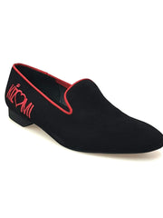 Carica immagine nella Galleria, Mocassino in camoscio nero Barone Nero (MS20) KIZMI con profilo rosso e ricamo, forma lunga, scarpe eleganti donna.