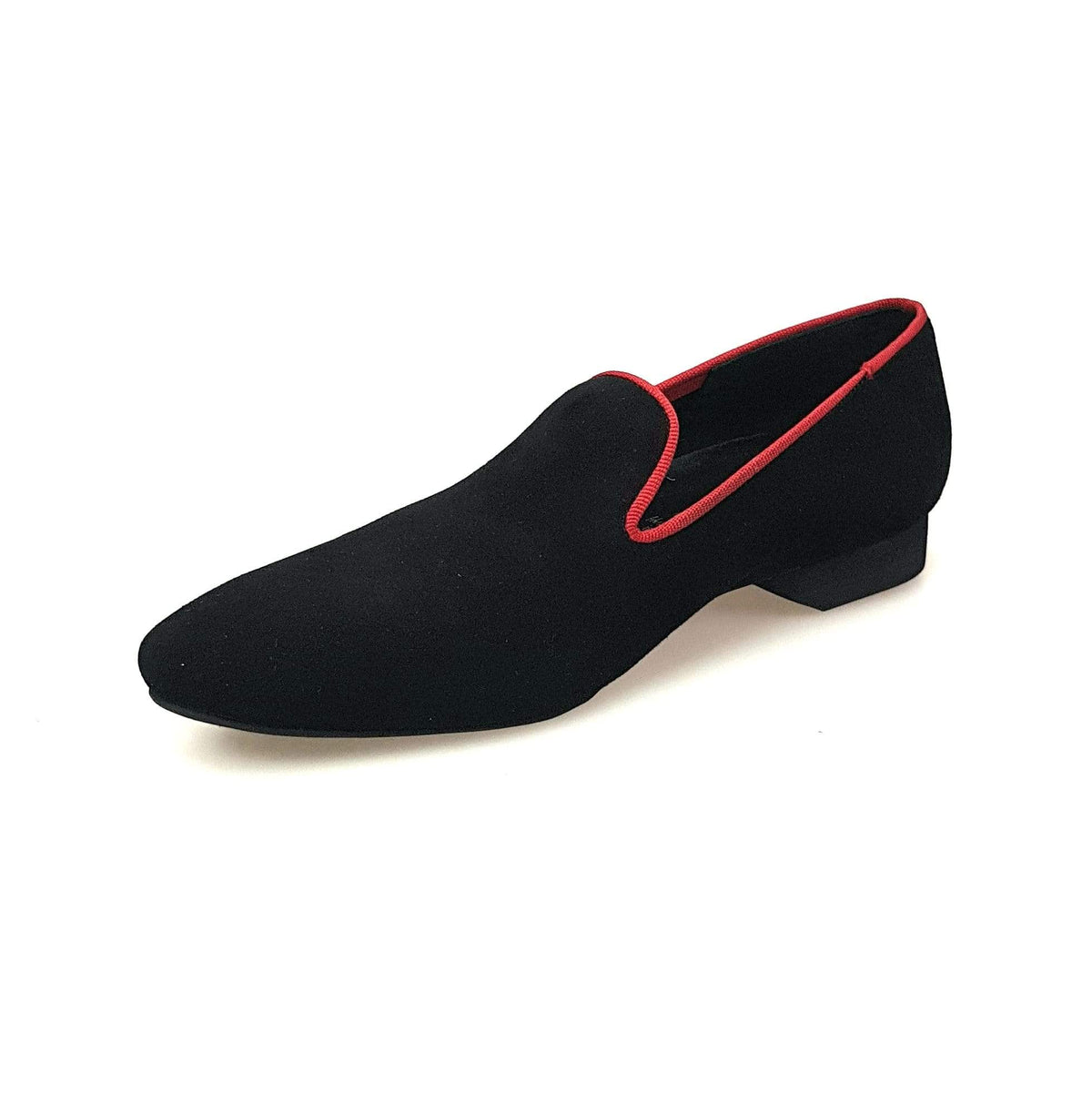 Mocassino in camoscio nero Barone Nero (MS20) KIZMI con profilo rosso e ricamo, forma lunga, marca Wish Dance Shop