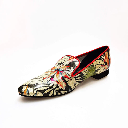 Scarpa da uomo Pasiòn MS20 in metalak tridimensionale Fleur Oro con profilo rosso e forma lunga, stile elegante e moderno