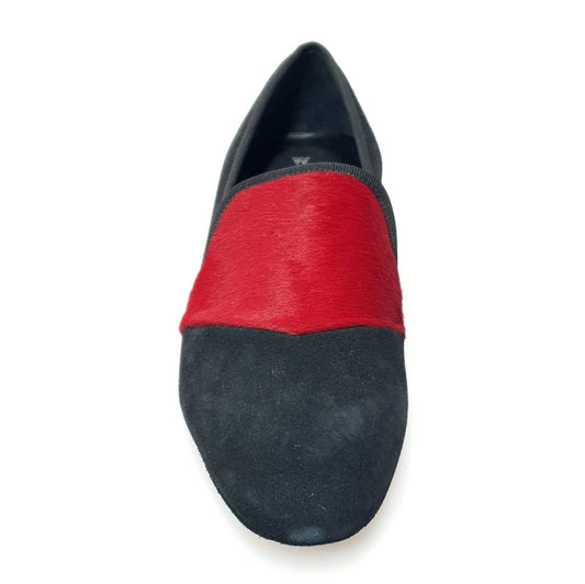 Mocassino da uomo Wish Dance Shop Aaron MS22 in camoscio nero e cavallino rosso, forma lunga, dettagli eleganti e raffinati
