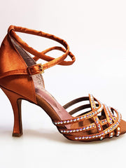 Load image into Gallery viewer, Wish Dance Shop Onda Extraflex Competition Raso Bronzo Cinturino Doppio Incrociato Sulla Caviglia Swarovski Parziale solo avanti