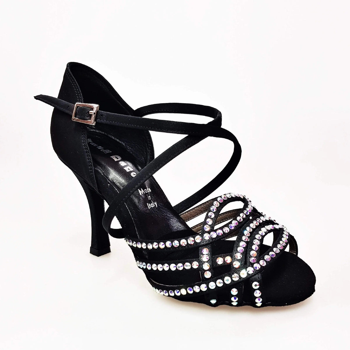 Scarpa da donna Onda QC BI-Flex Marylu in raso di seta nera con cinturino incrociato, dettagli Swarovski e tacco rocchetto.