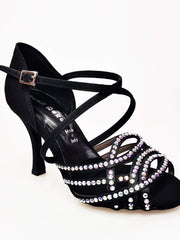 Carica immagine nella Galleria, Wish Dance Shop Onda Extraflex Competition Raso Nero Cinturino Incrociato sul Collo Piede Swarovski Parziale solo avanti