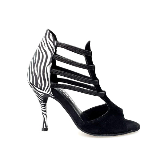 Sandalo da donna Night Zebra Wish Dance Shop in camoscio nero, tacco a spillo rivestito in raso seta zebrato e elastici neri.