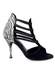 Carica immagine nella Galleria, Night Zebra (460PW) - Sandalo da Donna in Camoscio Nero elastici neri con Tallone in Raso seta Zebrato e tacco a spillo rivestito in raso seta zebrato