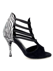 Carica immagine nella Galleria, Night Zebra (460PW) - Sandalo da Donna in Camoscio Nero elastici neri con Tallone in Raso seta Zebrato e tacco a spillo rivestito in raso seta zebrato Wish Dance Shop