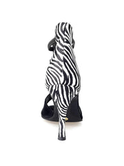 Carica immagine nella Galleria, Night Zebra (460PW) - Sandalo da Donna in Camoscio Nero elastici neri con Tallone in Raso seta Zebrato e tacco a spillo rivestito in raso seta zebrato Wish Dance Shop