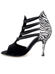 Carica immagine nella Galleria, Night Zebra (460PW) - Sandalo da Donna in Camoscio Nero elastici neri con Tallone in Raso seta Zebrato e tacco a spillo rivestito in raso seta zebrato
