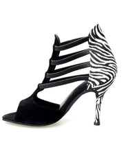 Carica immagine nella Galleria, Night Zebra (460PW) - Sandalo da Donna in Camoscio Nero elastici neri con Tallone in Raso seta Zebrato e tacco a spillo rivestito in raso seta zebrato Wish Dance Shop