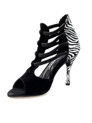 Carica immagine nella Galleria, Night Zebra (460PW) - Sandalo da Donna in Camoscio Nero elastici neri con Tallone in Raso seta Zebrato e tacco a spillo rivestito in raso seta zebrato Wish Dance Shop