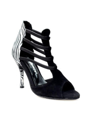 Carica immagine nella Galleria, Night Zebra (460PW) - Sandalo da Donna in Camoscio Nero elastici neri con Tallone in Raso seta Zebrato e tacco a spillo rivestito in raso seta zebrato