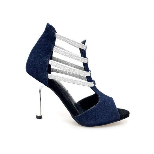 Sandalo donna West Blu in tessuto jeans blu, elastici argento e tacco a spillo laminato argento, scarpa Wish Dance Shop.