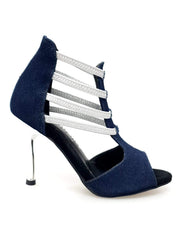 Carica immagine nella Galleria, West Blu (460PW) - Sandalo da Donna in Tessuto Blu Jeans con Elastici Argento e tacco a spillo laminato Argento Wish Dance Shop