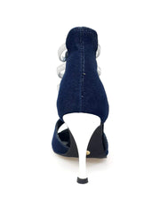 Load image into Gallery viewer, West Blu (460PW) - Woman's Sandal in Blue Jeans Fabric with Silver Elastics and Silver laminated stiletto heel