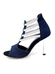 Carica immagine nella Galleria, West Blu (460PW) - Sandalo da Donna in Tessuto Blu Jeans con Elastici Argento e tacco a spillo laminato Argento Wish Dance Shop