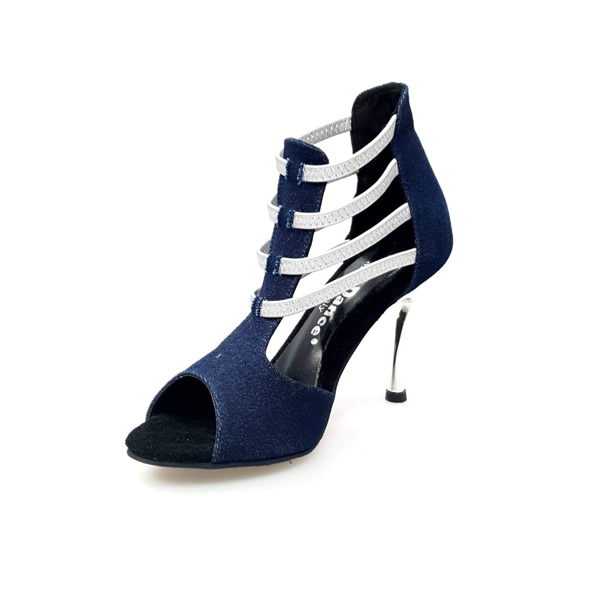 Sandalo donna West Blu in tessuto jeans blu con elastici argento e tacco a spillo laminato argento, scarpa Wish Dance Shop