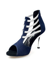 Load image into Gallery viewer, West Blu (460PW) - Woman's Sandal in Blue Jeans Fabric with Silver Elastics and Silver laminated stiletto heel