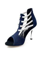 Carica immagine nella Galleria, West Blu (460PW) - Sandalo da Donna in Tessuto Blu Jeans con Elastici Argento e tacco a spillo laminato Argento Wish Dance Shop