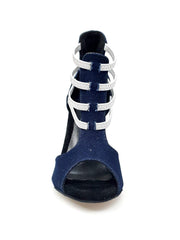 Carica immagine nella Galleria, West Blu (460PW) - Sandalo da Donna in Tessuto Blu Jeans con Elastici Argento e tacco a spillo laminato Argento Wish Dance Shop