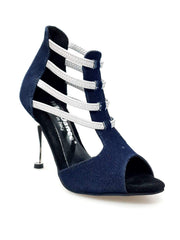 Carica immagine nella Galleria, West Blu (460PW) - Sandalo da Donna in Tessuto Blu Jeans con Elastici Argento e tacco a spillo laminato Argento Wish Dance Shop