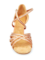 Load image into Gallery viewer, Scarpa da ballo Wish Dance Shop in raso bronzo con paillettes e tacco a rocchettino, stile elegante e brillante per donna