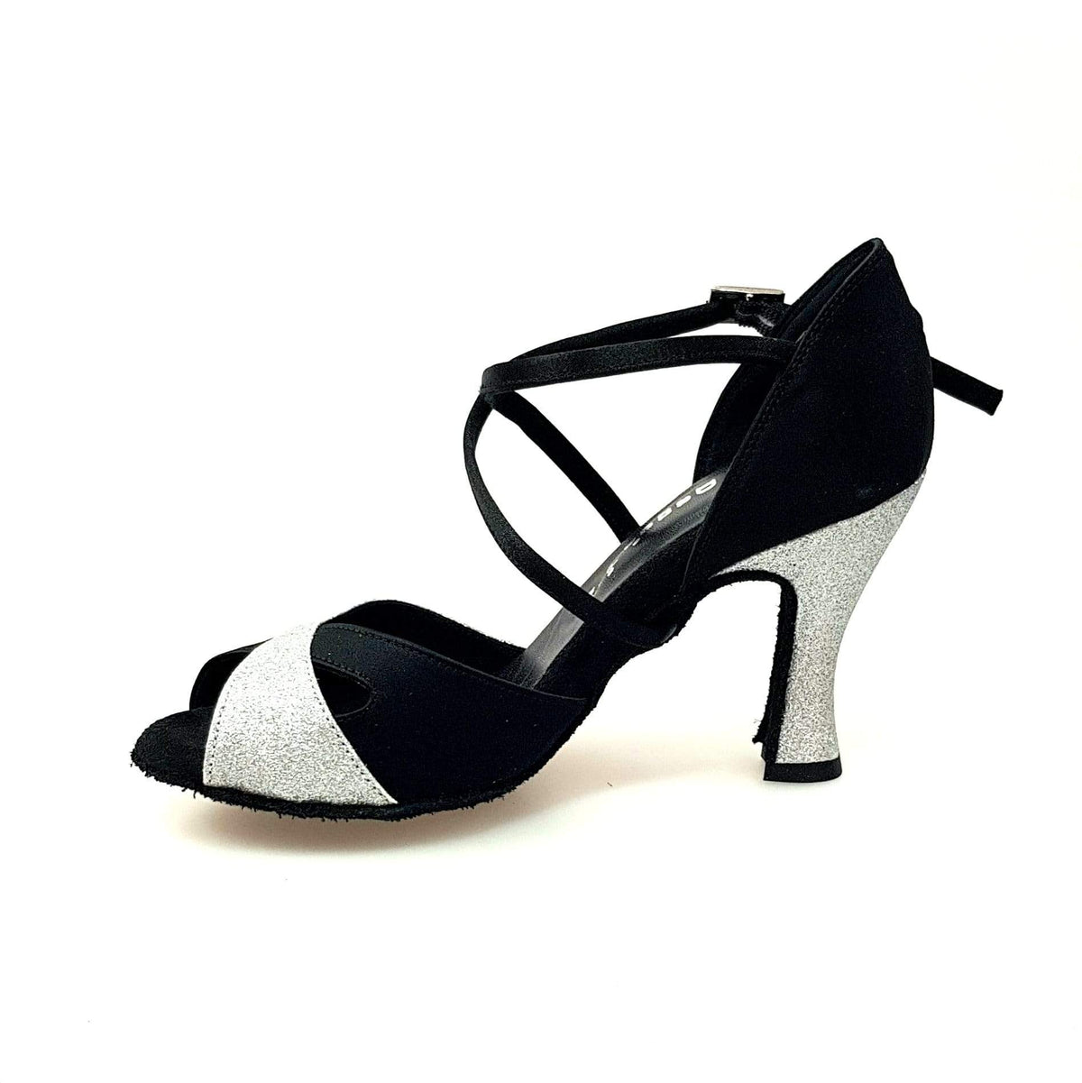 Scarpa da donna Ely QC in raso nero e glitter argento con cinturino incrociato e tacco rocchetto.
