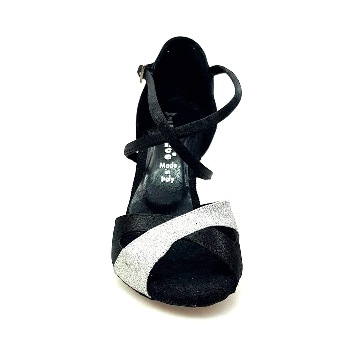 Scarpa da donna Ely QC in raso nero e glitter argento con cinturino incrociato e tacco rocchetto, elegante e brillante.