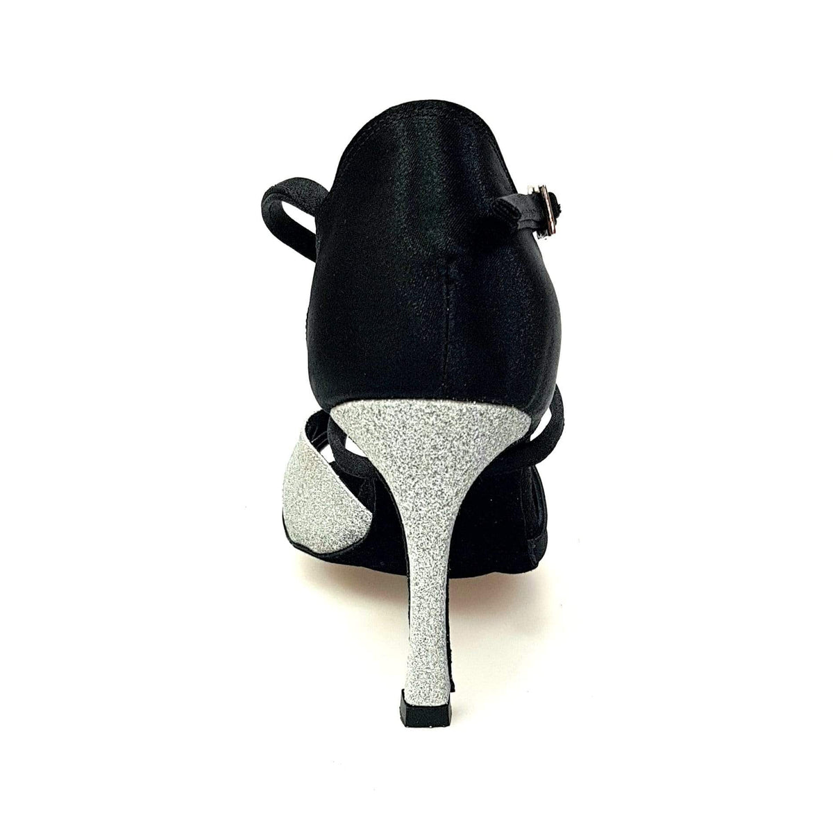 Scarpa da donna Ely QC in raso nero e glitter argento con cinturino incrociato e tacco rocchetto, marca Wish Dance Shop.