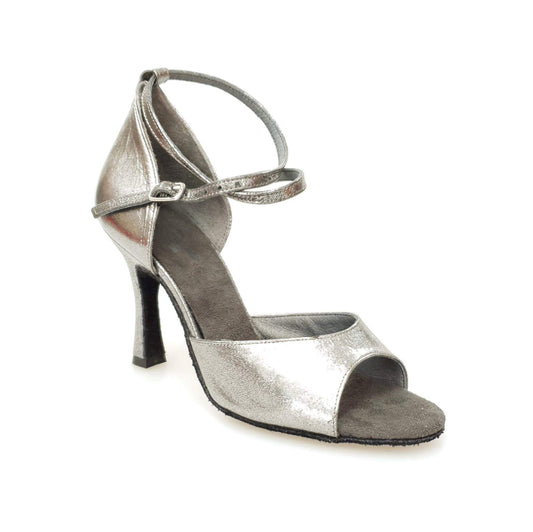 Scarpa in pelle satinata color canna di fucile con tacco a rocchettino, design elegante e femminile.