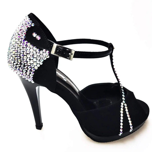 Sandalo donna Xena Starlight in camoscio nero con cristalli Swarowski, plateau e tacco a spillo, scarpa elegante Wish Dance Shop