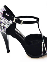 Carica immagine nella Galleria, Sandalo donna Xena Starlight in camoscio nero con cristalli Swarowski, plateau e tacco a spillo, scarpa elegante Wish Dance Shop