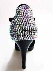 Carica immagine nella Galleria, Sandalo donna Xena Starlight in camoscio nero con cristalli Swarovski, plateau e tacco a spillo, scarpa elegante Wish Dance Shop