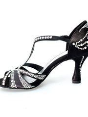 Carica immagine nella Galleria, Wish Dance Shop Superb (accollata) - Scarpa da Ballo in Raso Seta Nero con Swarovski e Tacco a Rocchetto