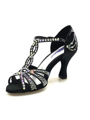 Carica immagine nella Galleria, Wish Dance Shop Superb - Scarpa da Ballo in Raso Seta Nero con Swarovski e Tacco a Rocchetto