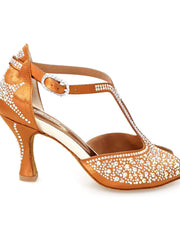 Carica immagine nella Galleria, MIRIAM Temptation Plus (L6) - Scarpa Da Donna in Raso Bronzo Tan Con Swarovski Boreali e Tacco a Rocchetto